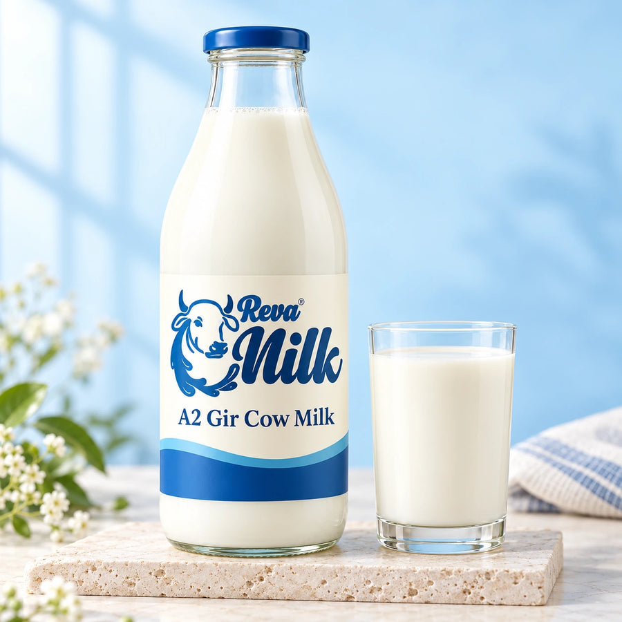 Reva Milk A2 Gir Cow Milk bottle with a glass of milk on an ivory stone pedestal