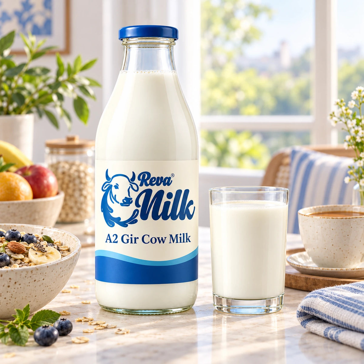 Reva Milk A2 Gir Cow Milk bottle with milk, oats and chai on a breakfast table