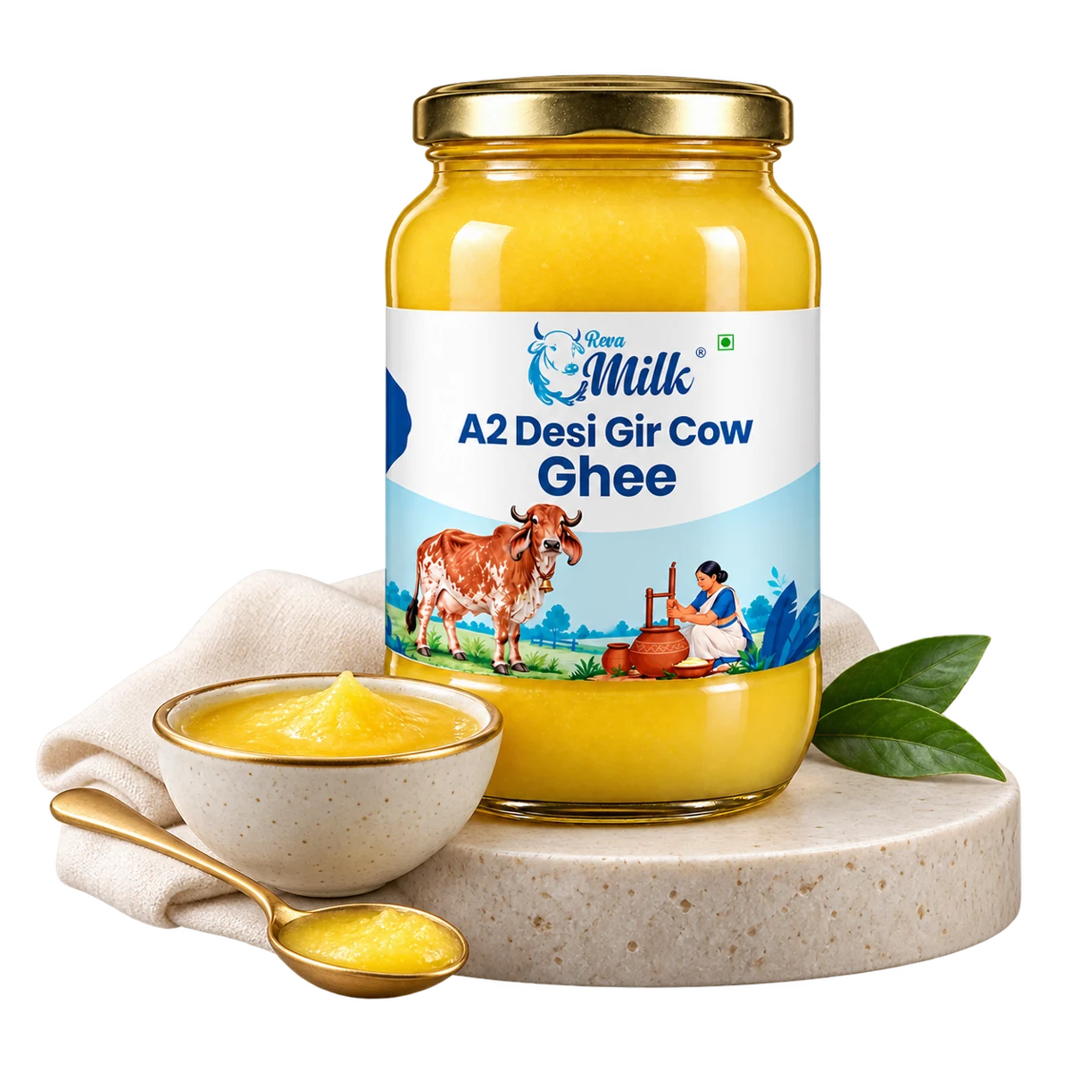 Reva Milk A2 Desi Gir Cow Ghee with a bowl of golden ghee on an ivory pedestal